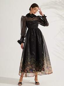 GENKIRA 优雅女士连衣裙，3D 花卉装饰，腰部合身，长袖，浪漫欧根纱面料，适合情人节、派对、约会 - 彩色 - 查看 5