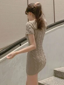 DAZY 女士粗针织短袖迷你毛衣裙，驼色，春夏 - 駝色 - 查看 2