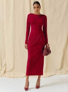 COSMINA Women's Solid Color Round Neck Long Sleeve Pleated Elegant Dress - Red - View 3