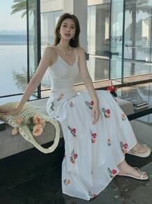 DAZY Chân váy nữ kiểu dáng thường ngày thêu hoa, thích hợp cho kỳ nghỉ hè và lễ Phục sinh. - trắng - Xem 2