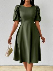 Lunelith SHEIN Lunessa 泡泡袖收腰长裙，绿色，女式，春夏长款女装 - 軍綠色 - 查看 3