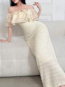 Feyla 女士纯色露肩修身优雅连衣裙 - 杏色 - 查看 5