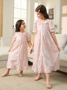 Tween-Mädchen Niedliches kurzärmliges Nachthemd mit Rüschenbesatz und Kaninchen- und Blumenmuster, geeignet für die Freizeit und zu Hause, Alltagskleidung, passende Geschwister-Outfits (2 Teile separat erhältlich)