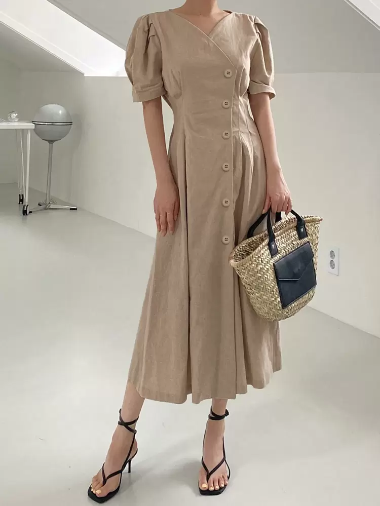1pc Women V-Neck Short Sleeve Waist Asymmetrical Midi Dress Linen
