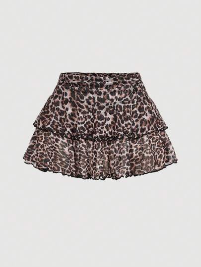 SHEIN MOD 高腰多层荷叶边下摆豹纹罩衫裙，热带度假女装，猎豹裙，海滩度假，度假女士，夏季海滩度假泳衣罩衫，乡村音乐会，节日服装，节日，复古