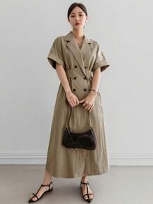 Dazy-Less Đầm suông màu trơn bó eo đơn giản cổ chữ V phong cách công sở, dài đến bắp chân cho nữ, váy suông - xanh quân đội - Xem 2