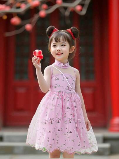 SHEIN Set de 2 piezas, vestido de malla con bordado floral 3D de color rosa elegante y bolso para niñas pequeñas, princesa, adecuado para fiestas al aire libre, bodas, banquetes, vacaciones de verano