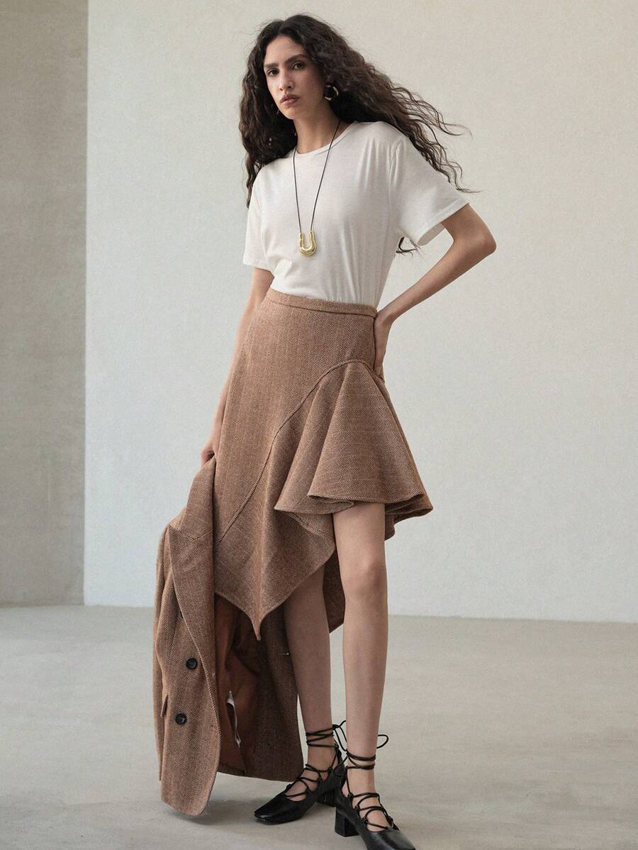 MOTF PREMIUM WOOL ASYMMETRICAL HEM SKIRT - Coffee Brown - View 1