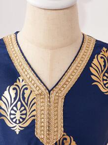 SHEIN Girls' Royal Blue National Day Tunic Abaya Kaftan Jalabiya, Middle East Ramadan Ramadan Girl's Native Traditional Dress With Golden Totemic Heat Transfer Pattern, Extra Long Length Golden Trim Belt Waistline Flared Skirt, Paired With One Bag, Golden Edging Ribbon Texture Cap Sleeve, Luxurious High-End, Suitable For Banquet, Outgoing, Festival Occasion Dress