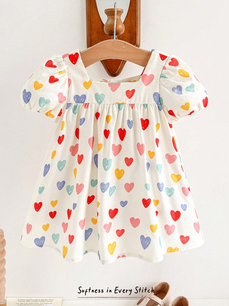 Cozy Pixies Baby Girl Cute Heart Pattern Square Neck Puff Sleeve Cinched Waist Mini Dress, Valentine's Day Gift, Valentine's Day Outfit - Multicolor - View 1