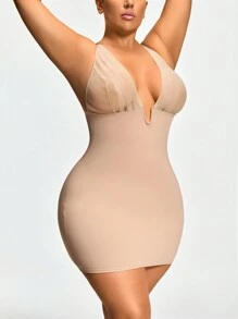 SHEIN Shape Plus Size Shaping Plunge Deep-V Shapewear Slip Body Shaper Butt Lifter With Adjustable Straps-Tummy Waist Thigh Control