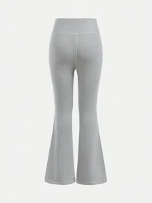 SHEIN Girlism Tween Girls' Solid Color Knit Skinny Flared Pants, Athletic Streetwear Style - Light Grey - View 2