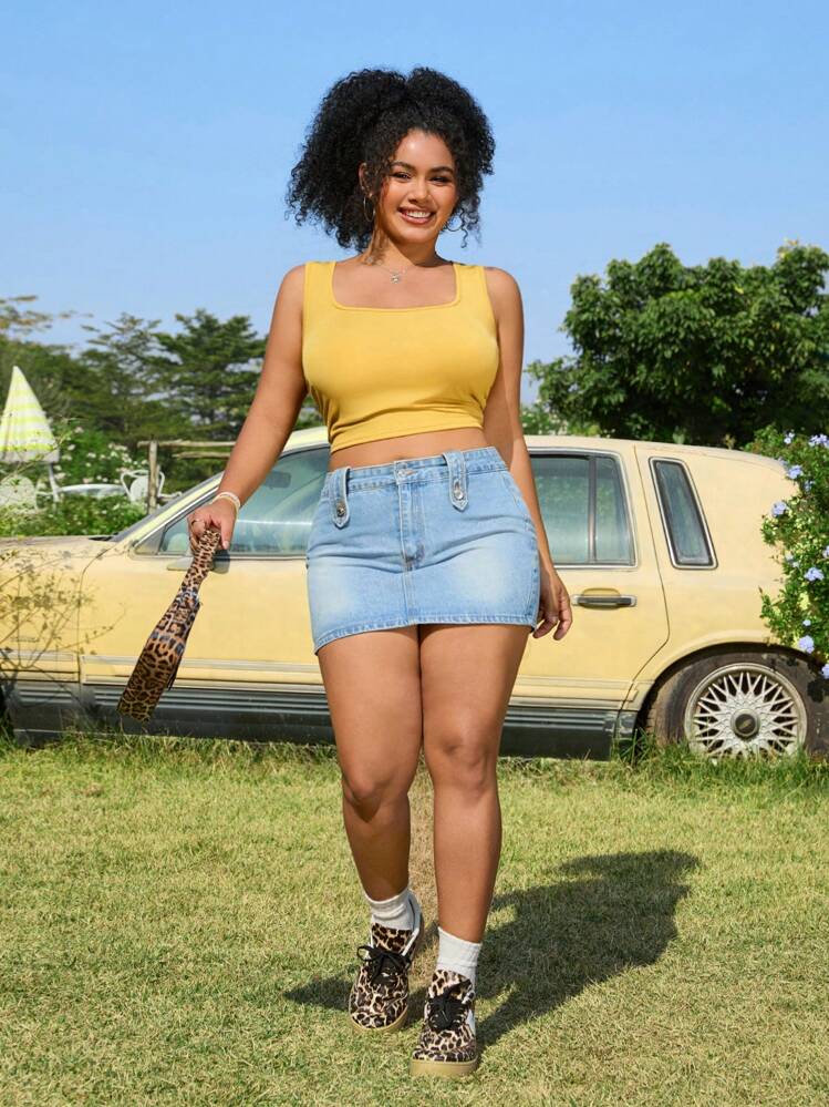 SHEIN EZwear Camiseta sin mangas de mujer talla grande, de cuello cuadrado, con costillas de seda de hielo amarilla, de estilo casual, para primavera/verano - Amarillo - Añade 3