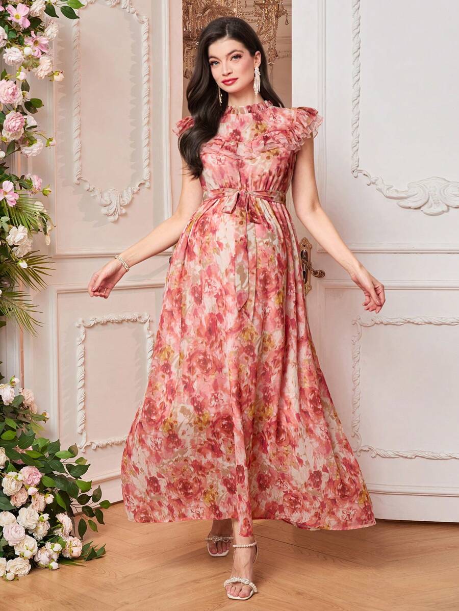 SHEIN Maternity Tie Dye Ruffle Edge Cap Sleeve Elegant Dress - Multicolor - View 1