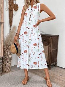 EMERY ROSE 女士度假花卉印花缺口 V 领口袋长款休闲连衣裙超长款女装