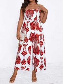 SHEIN Clasi Plus Size Boho Bandeau Printed Casual Loose Jumpsuit, Everyday Wear, For Summer - Red - View 5