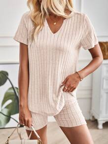 SHEIN LUNE Women's Casual Solid Notch Neck Short Sleeve & Shorts 2 Pieces Set - Apricot - View 5