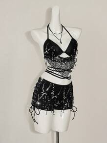 SHEIN ICON Sequin Halter Backless Tie Strap Cami Tank Top And Low Waist Shorts Set - Black - View 8
