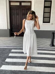 Pariaura Women's Long Backless French Hollow Decor Buttoned Ruffle Hem Sleeveless Dress - White - View 4