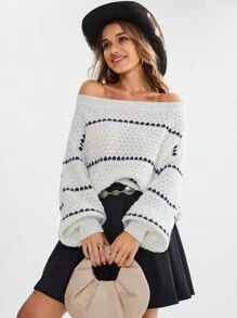 SHEIN LUNE Suéter de capa base cómodo y cálido para mujer, con cuello redondo, manga farol de hombro caído, bloques de color, rayas y textura, para uso casual, commuter, elegante y al aire libre en otoño/invierno - Multicolor - Ver 1