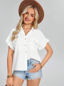 SHEIN LUNE Koszula damska w stylu country cowgirl western z falbankami i kieszeniami - Biały - Zobacz 3