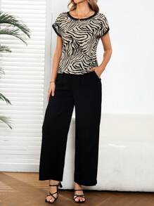 EMERY ROSE 2 件套女士斑马印花短袖上衣和纯色裤子 - 彩色 - 查看 1