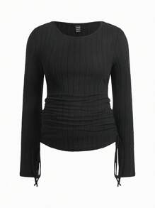 Modmama Maternity Casual Solid Color Ribbed Side Drawstring Long Sleeve T-Shirt, Autumn - Multicolor - View 8