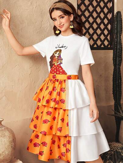 SHEIN Leap Crew 少女黄色、白色、栗色碎花拼色层叠荷叶边下摆半身裙和印花袖上衣两件套服装，适合开斋节/斋月假期