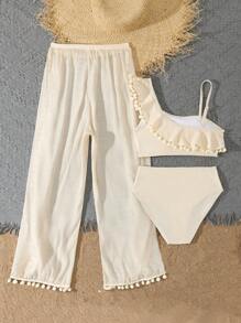 SHEIN Tween 女童荷叶边不对称领度假泳装，可爱儿童游泳套装 - 米色 - 查看 4