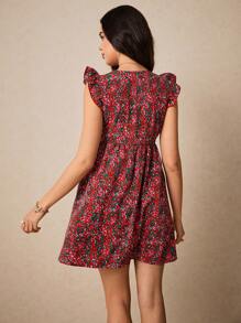 Poéselle Rochie de vară roșie mică cu imprimeu floral și decolteu în V, cu volane și curea, rochie de vară cu mâneci scurte și imprimeu floral mic