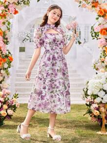 Wildeya 1 Stück Teenager Mädchen Lila Rüschen Kragen Puff Ärmel Kurzarm Organza Muster Kleid, feminin & elegant, Frühling/Sommer, Ferien, Sommer, Reise