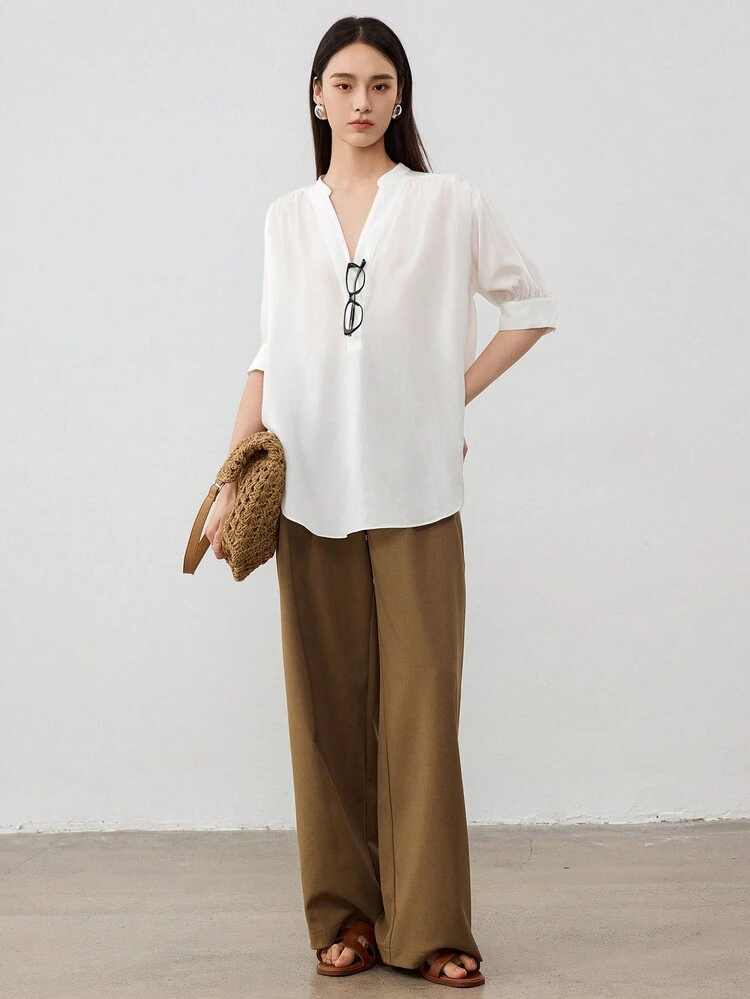 Casual Business V-Neck Short Sleeve Loose Blouse For Women
