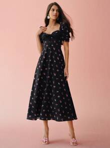 Enchnt Váy dài tay bồng ngắn in họa tiết chấm bi và hoa hồng dễ thương mùa xuân/hè lãng mạn cho nữ, ngọt ngào và thanh lịch cho ngày lễ và ngày hẹn hò ngọt ngào và đi làm hàng ngày - màu đen - Xem 1