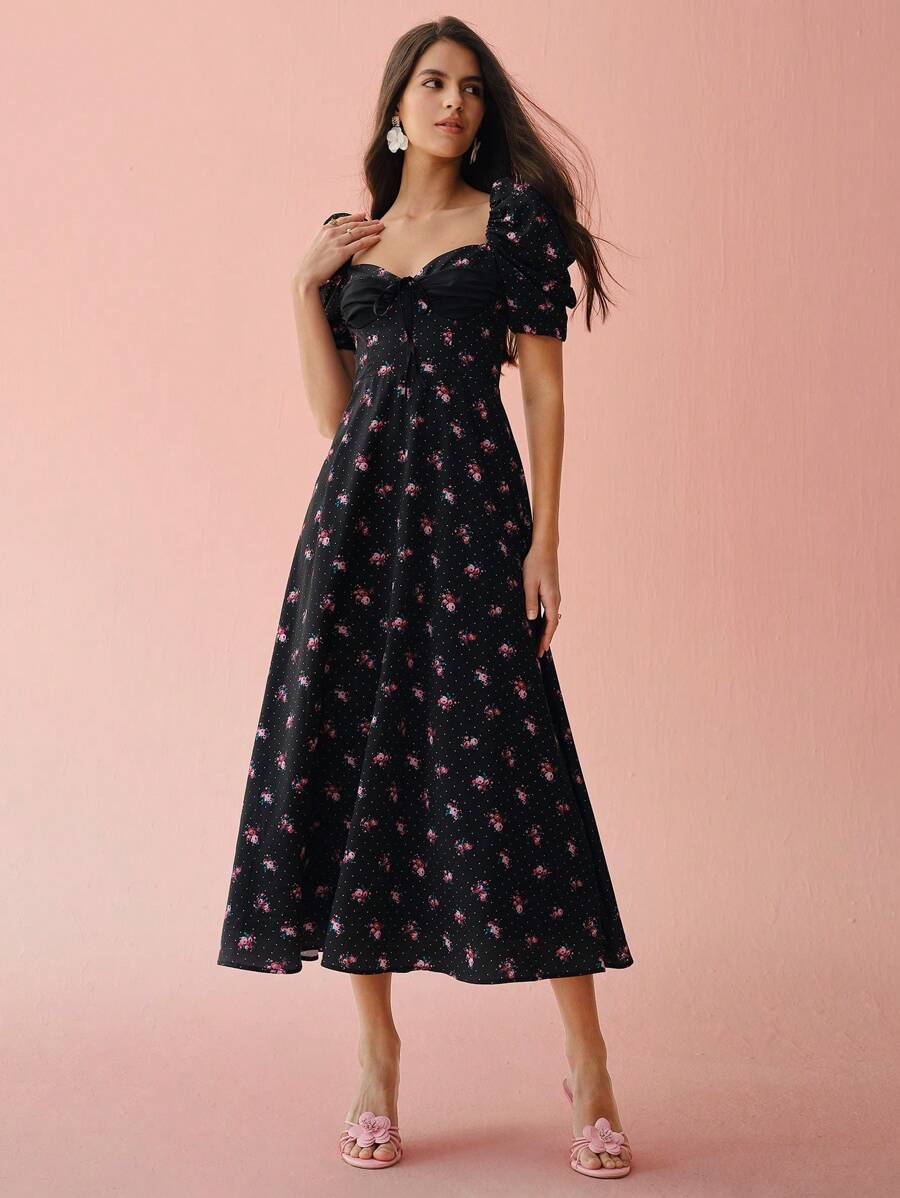 Enchnt Váy dài tay bồng ngắn in họa tiết chấm bi và hoa hồng dễ thương mùa xuân/hè lãng mạn cho nữ, ngọt ngào và thanh lịch cho ngày lễ và ngày hẹn hò ngọt ngào và đi làm hàng ngày - màu đen - Xem 1