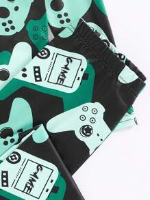 SHEIN Tween Boy Snug Fit Cartoon Game Controller Graphic Crew Neck Long Sleeve Tee & Long Pants Leisure Comfortable Pajama Set - Green - View 6