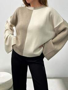 EURMUSE 女士拼色圆领落肩套头衫 - 彩色 - 查看 6