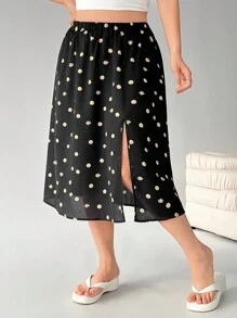 SHEIN EZwear Plus Size Daisy Print Split Hem Casual Skirt, Suitable For Vacation - Black - View 5