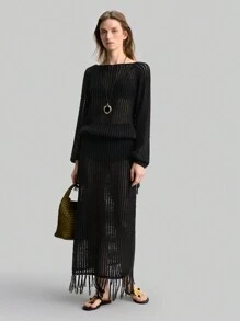 Ontre Conjunto de 2 piezas para mujer: suéter calado de punto con falda A-line con flecos, estilo bohemio casual, adecuado para vacaciones, festivales, playa, verano