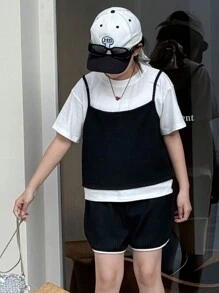 DAZY Tween Girl Contrast Color 2 In 1 Short Sleeve Top And Shorts Casual Set - Black and White - View 4