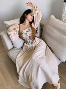 Feyla Đầm dài thanh lịch thêu hoa Jacquard cho nữ - Màu be - Xem 3