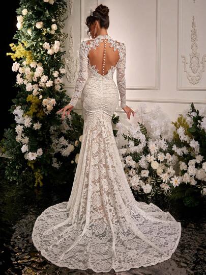 Glamrae Elegant Luxurious Embroidered Elastic Lace See-Through Long Sleeve Mermaid Dress With Detachable Bow Backless Maxi Train, Suitable For Wedding, Party, Vacation Bridal Gown,Bride