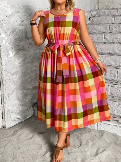 SHEIN LUNE Plus Size Women Casual Rainbow Plaid Linen Round Neck Sleeveless Belted Dress