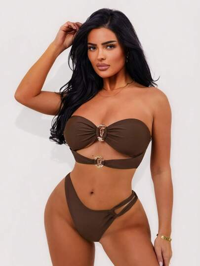 Swim Chiccia Summer Solid Color Nylon Bandeau Hollow Metal Ring Asymmetric Swimwear For Women