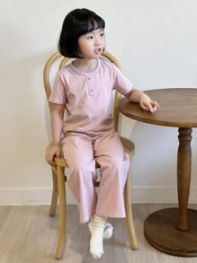 DAZY Ensemble Loungewear pour jeune fille, style minimaliste, décontracté et quotidien, avec un Top à manches courtes de couleur unie et un pantalon long. Tenues d'été pour filles. - Rose bonbon - Voir 5