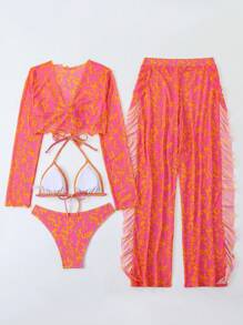 SHEIN Swim 2025 年情人节夏季新款女士系带比基尼泳装套装，印花罩衫和裤子，4 件套 - 彩色 - 查看 4