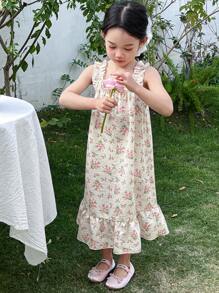 DAZY 少女碎花印花无袖睡裙，夏季假期复活节 - 米色 - 查看 2