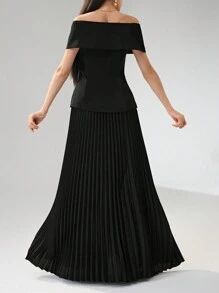 Modelyn Elegant Shoulder Strap Top And Pleated Midi Skirt Women's 2 Pieces Suit, Business Professional Outfit - Black - View 6