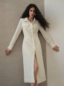 MOTF PREMIUM CONTRAST TWEED RAW TRIM BUTTON FRONT DRESS, PATCH POCKETS, MIDI SHIRT DRESS, WHITE DRESS,SPRING/SUMMER