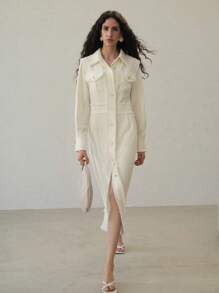 MOTF PREMIUM CONTRAST TWEED RAW TRIM BUTTON FRONT DRESS, PATCH POCKETS, MIDI SHIRT DRESS, WHITE DRESS,SPRING/SUMMER
