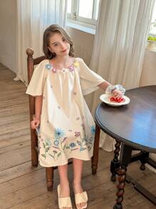 LMoss Kids LMoss Tween Girl Ditsy Floral Woven Loose Casual Sleeveless Dress,Suitable For Spring And Summer - Beige - View 1